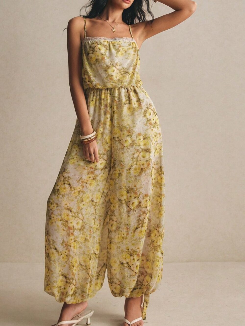 Multicolor Boho Women's Watercolor Lace Trim Wide Leg Chiffon Romper - Picture 3 of 8
